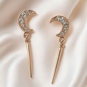 Gold Crescent Moon Crystal Drop Earrings – Elegant Celestial Statement Jewelry